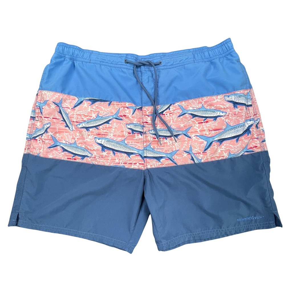 Vineyard Vines Mens Chappy Tarpon Fish Swim Trunks XL Blue Pink Lined Shorts